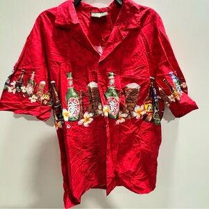 Red hula shirt with beers